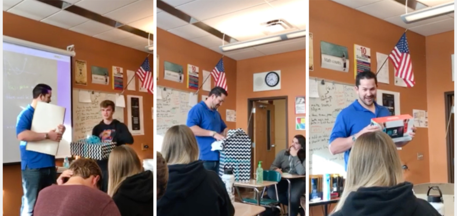 Los alumnos de secundaria Volcano Vista, en Albuquerque, Nuevo México le dan un regalo sorpresa a su profesor.