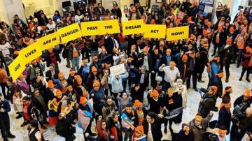 Jóvenes activistas se manifiestan a favor de un "DREAM Act" en el congreso de Estados Unidos.