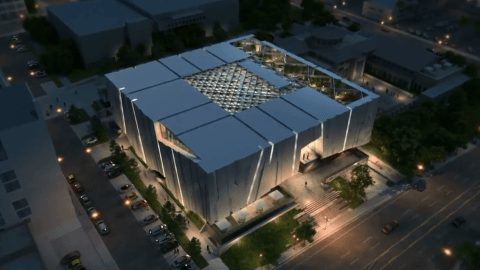 Diseños de Alajajian Marcoosi Architects muestran un edificio rectangular con un exterior dinámico e irregular.
