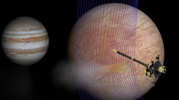 Júpiter y Europa (en primer plano) con la nave espacial Galileo después de su paso a través de una pluma en erupción.
