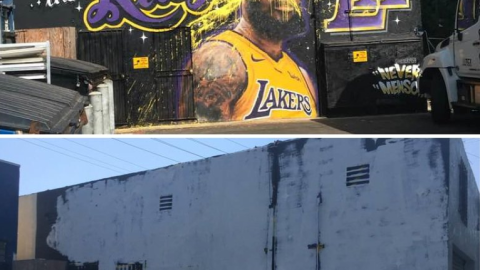 Arriba puede verse el mural vandalizado; abajo, eliminado por el artista.