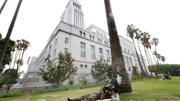 Un indigente duerme en los jardines de la Alcaldía de Los Ángeles. (Aurelia Ventura/La Opinion)