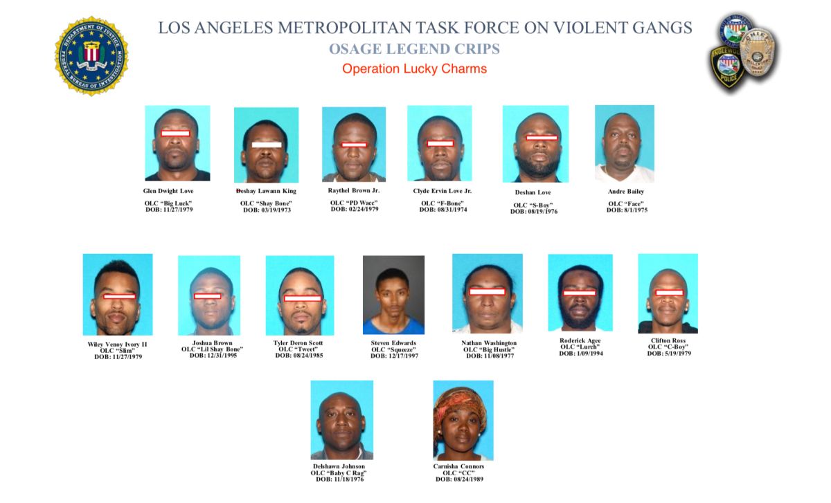 Miembros de la pandilla Legends Crip de Inglewood que fueron detenidos en el operativo de este miércoles. (Aurelia Ventura/La Opinion)