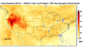 Humo y monóxido de carbono de los incendios en California (amarillo y naranja)