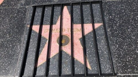 La estrella de Donald Trump en el Paseo de la Fama aparece tras rejas.