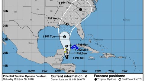 El cono contiene la ruta estimada de la tormenta en los próximos 5 días.