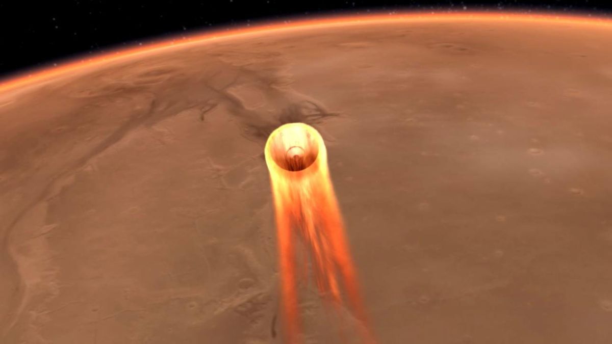Un artista ilustra la entrada de InSight en Marte. NASA/JPL-Caltech