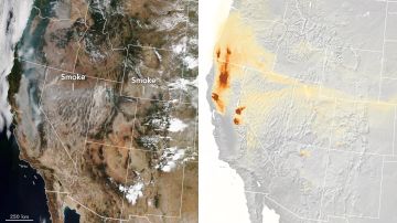 El incendio Mendocino a la der., y a la izq., una simulación HRRR-Smoke de la misma región.