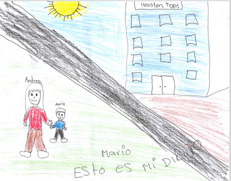 Un dibujo de "Mario", un niño guatemalteco que lleva 119 detenido junto con su madre en Dilley (Texas) forma parte de campaña de Amnistía Internacional USA contra detención de familias. Foto: suministrada 
