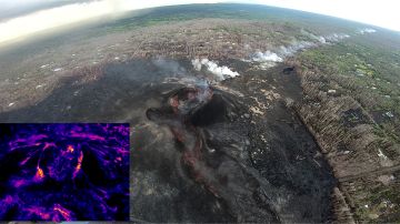 El cono en la fisura 8 y el área de lava el 8 de octubre de 2018.
