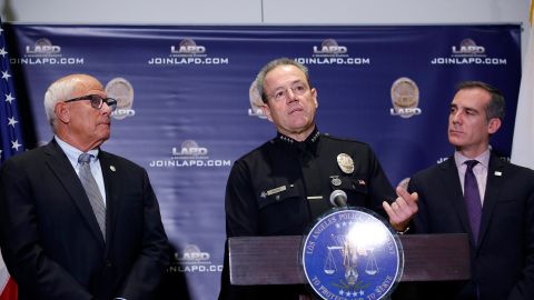 01/28/19 /LOS ANGELES/LAPD Chief Michel Moore joined by Mayor Eric Garcetti hold the annual end of the year news conference to update crime statistics and initiatives throughout the city.  (Aurelia Ventura/La Opinion)