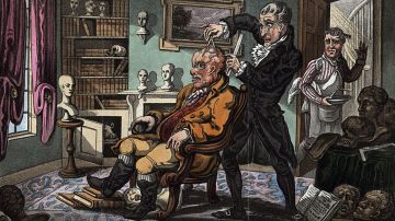 Un examen craniológico que -se creía- revelaba todo (caricatura de 1900).