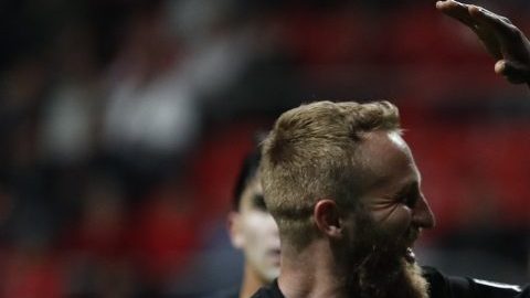 Gerso Fernandes del Sporting Kansas City festeja la eliminación del Toluca de la Concachampions.