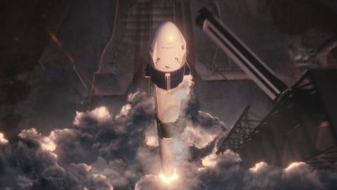 La ilustración muestra la nave espacial Crew Dragon de SpaceX y el lanzamiento del cohete Falcon 9.