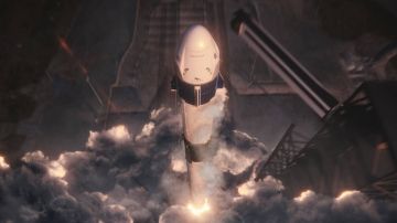 La ilustración muestra la nave espacial Crew Dragon de SpaceX y el lanzamiento del cohete Falcon 9.
