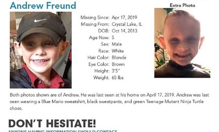 Andrew "AJ" Freund Jr. tiene 5 años de edad y está desaparecido desde el miércoles