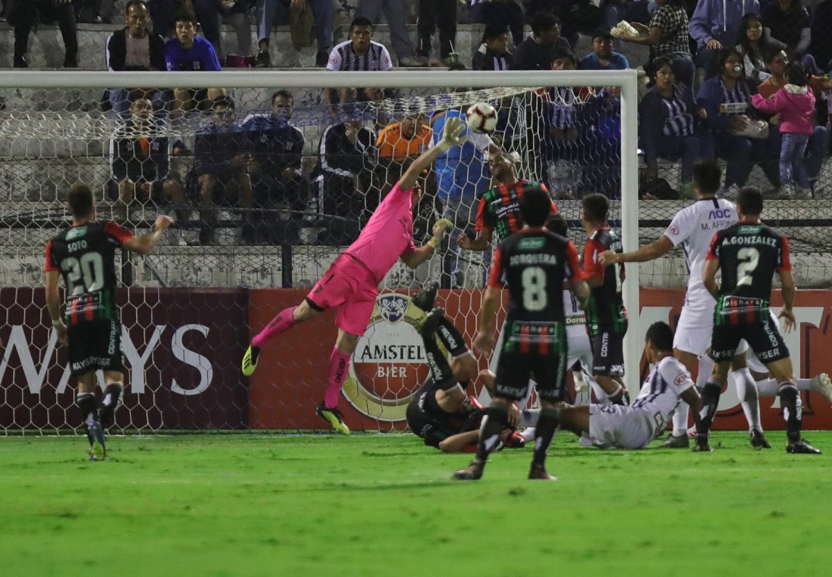 El arquero del Palestino chileno Ignacio González no vio venir un balón que rechazó segundos antes. 
