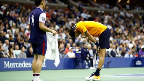 Juan Martín Del Potro siendo asistido en el US Open 2018.