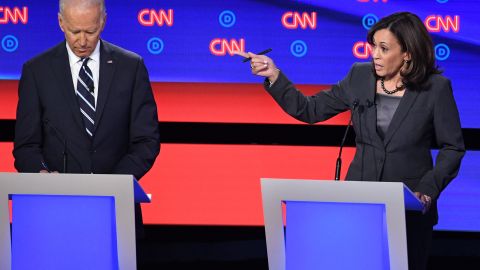 Democratic presidential hopeful former Vice President Joe Biden (L) listens as US Senator from California Kamala Harris speaks during the second round of the second Democratic primary debate of the 2020 presidential campaign season hosted by CNN at the Fox Theatre in Detroit, Michigan on July 31, 2019. (Photo by Jim WATSON / AFP)        (Photo credit should read JIM WATSON/AFP/Getty Images)