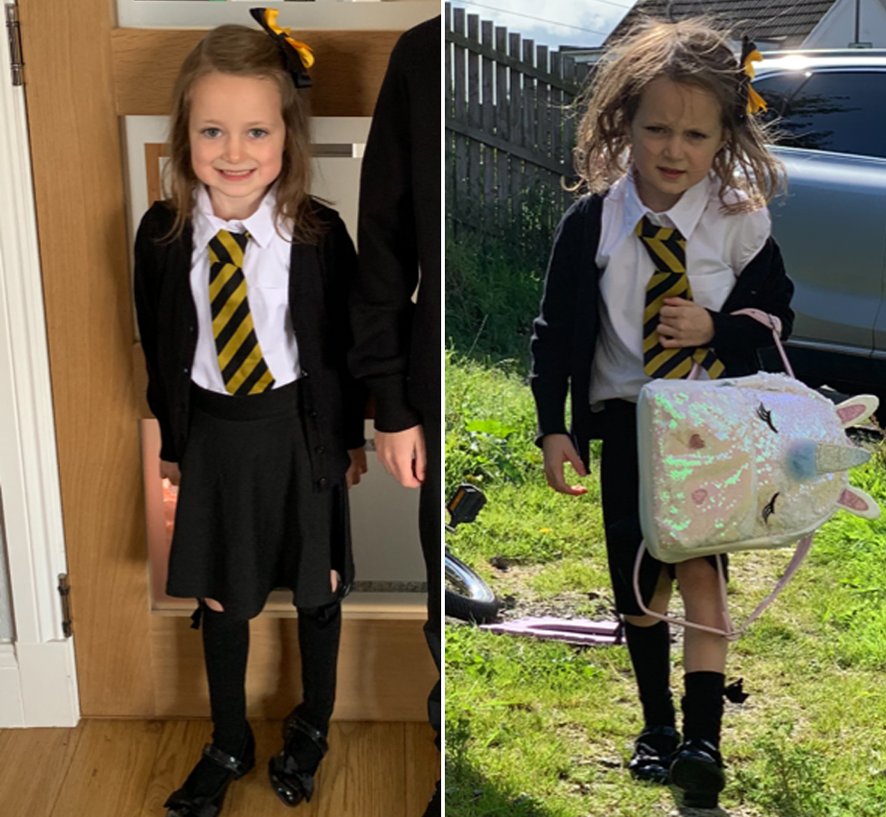 El antes y el después de Lucie en su primer día de escuela.