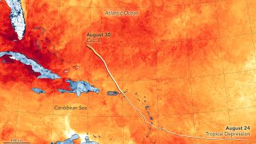 El mapa muestra la temperatura de la ssuperficie del mar el 28 de agosto de 2019. Joshua
