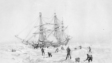 HMS "Terror" atrapado en el hielo. Grabado después de un dibujo del capitán.