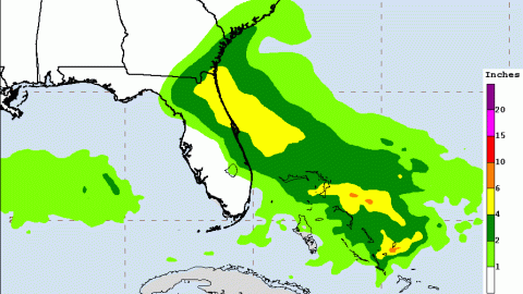 El mapa refleja las lluvias que el ciclón potencial 9 puede traer a Bahamas y Florida.