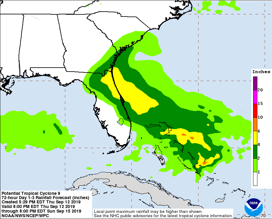 El mapa refleja las lluvias que el ciclón potencial 9 puede traer a Bahamas y Florida.