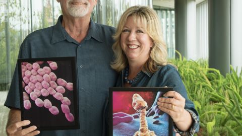 Tom y Steffanie con ilustraciones de un Acinetobacter, un tipo de bacterias frecuente en hospitales, y un bacteriófago, virus devorador de bacterias.