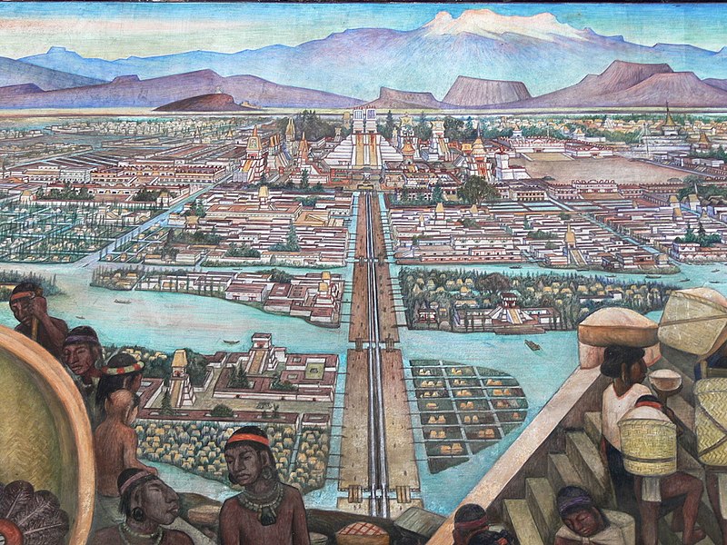Mural de Diego Rivera que muestra la vida en la época azteca, en la ciudad de Tenochtitlán.