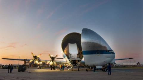 La nariz del Guppy se abrió al amanecer del lunes 25 de noviembre, revelando la nave espacial Orion en su interior.