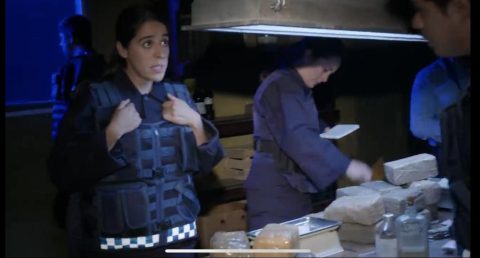 La inspectora Ramírez a la espera del famoso teniente que revisa sí el famoso polvo blanco es cocaína o harina.