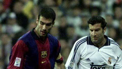 Pep Guardiola y Luis Figo en sus épocas como jugadores.