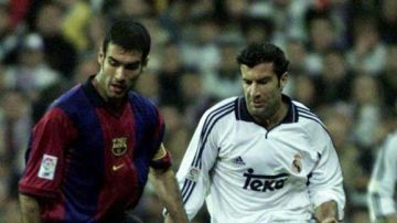 Pep Guardiola y Luis Figo en sus épocas como jugadores.