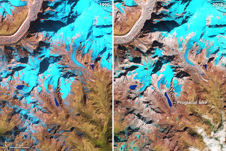 El deshielo del glaciar Kokthang, en Sikkim Himalaya, India, duplica el tamaño del lago.