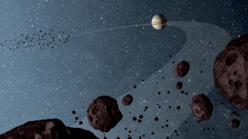 Representación artística de Júpiter y los asteroides troyanos.