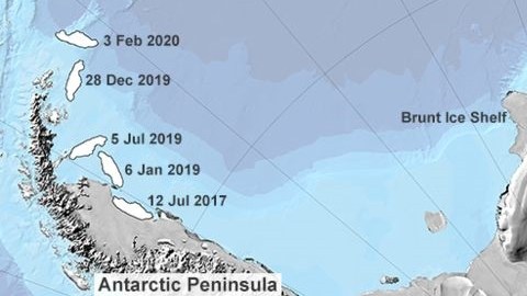 El iceberg gigante A68, que se liberó de la Antártida en 2017,  ahora está en el límite del hielo marino perenne/