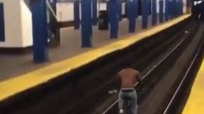 Un usuario del Subway de NYC corrió con su bici por los rieles de la estación.