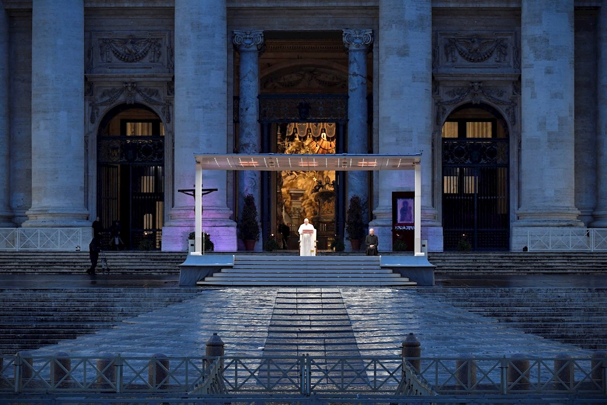 A handout photo made available by Vatican Media shows Pope Francis delivering an extraordinary 'Urbi et Orbi' blessing - normally given only at Christmas and Easter - from an empty St. Peter's Square, as a response to the global coronavirus disease (COVID-19) pandemic, the Vatican, 27 March 2020. The blessing was live streamed worldwide giving the possibility for the faithful connected to receive the plenary indulgence. (Papa) EFE/EPA/VATICAN MEDIA HANDOUT 