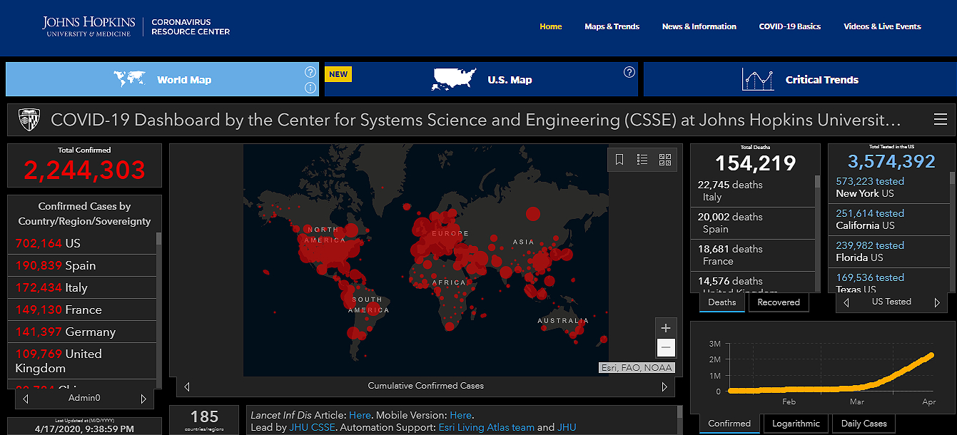 Mapa mundial de Coronavirus, 17 de abril de 2020. John Hopkins University