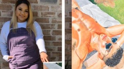 Cynthia Coronado con su pintura de Bad Bunny.