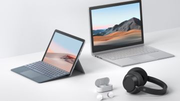 Surface Go 2, Surface Book 3, Surface Headphones 2 y Surface Earbuds de Microsoft.