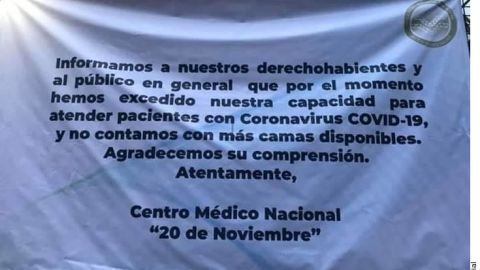 Manta a la entrada del Hospital 20 de Noviembre, en Ciudad de México.