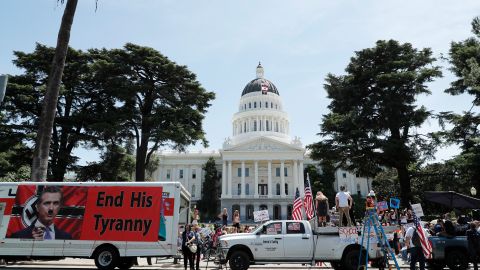 Sacramento (United States), 07/05/2020.- Protesters from 'Freedom Angels' demonstrate outside the State Capitol for the complete reopening of California in Sacramento, California, USA, 07 May 2020. California Governor Gavin Newsom has a four stage plan to begin to reopen the state but protesters want faster and more complete reopening. (Protestas, Abierto, Estados Unidos) EFE/EPA/JOHN G. MABANGLO