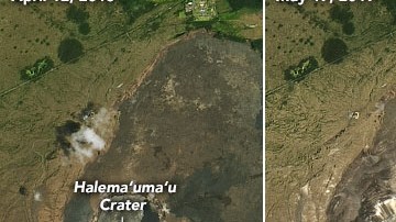 Las fotos muestran el cambio en la caldera de la cumbre de Kilauea, de abril de 2018 a mayo de 2020.