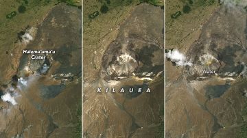 Las fotos muestran el cambio en la caldera de la cumbre de Kilauea, de abril de 2018 a mayo de 2020.