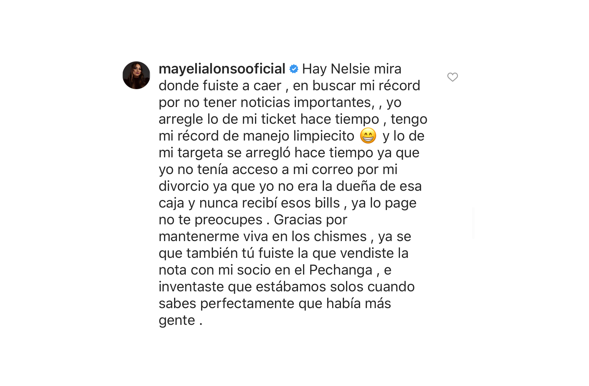 Mayeli Alonso responde en Instagram.