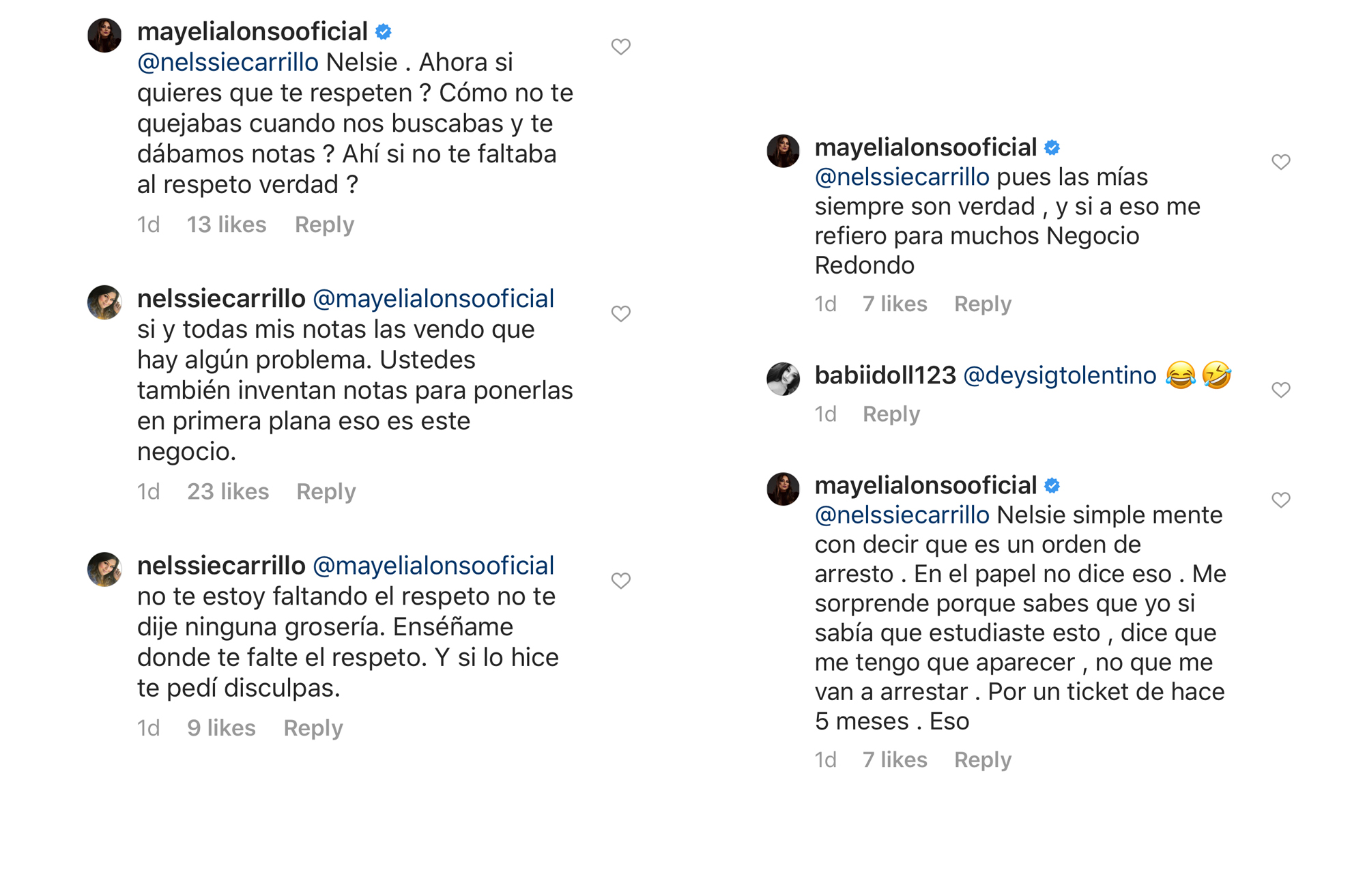 Mayeli Alonso responde en Instagram.