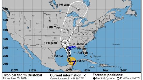 Avisos, advertencias y trayectoria para el centro de la tormenta Cristóbal.