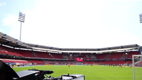 NUREMBERG, GERMANY - JUNE 13: A TV camera is seen inside the stadium during the Second Bundesliga match between 1. FC Nürnberg and SpVgg Greuther Fürth at Max-Morlock-Stadion on June 13, 2020 in Nuremberg, Germany. (Photo by Alexander Hassenstein/Getty Images)